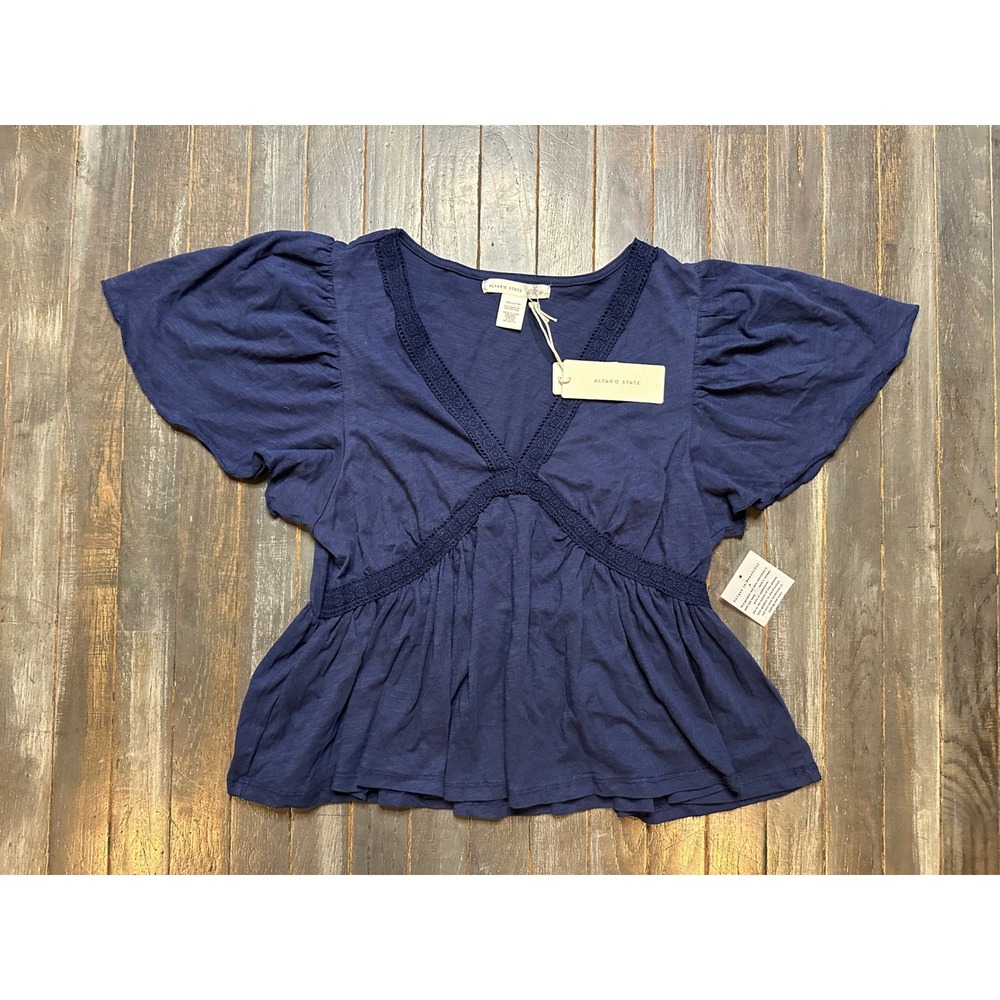 Altar'd State Navy Blue Flutter Sleeve Crochet Trim Peplum Top